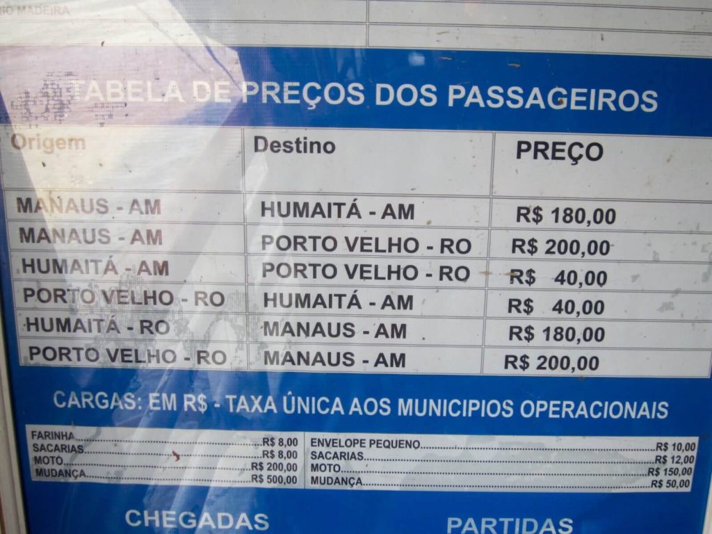 Tabella dei prezzi. Tratta Porto Velho-Manaus