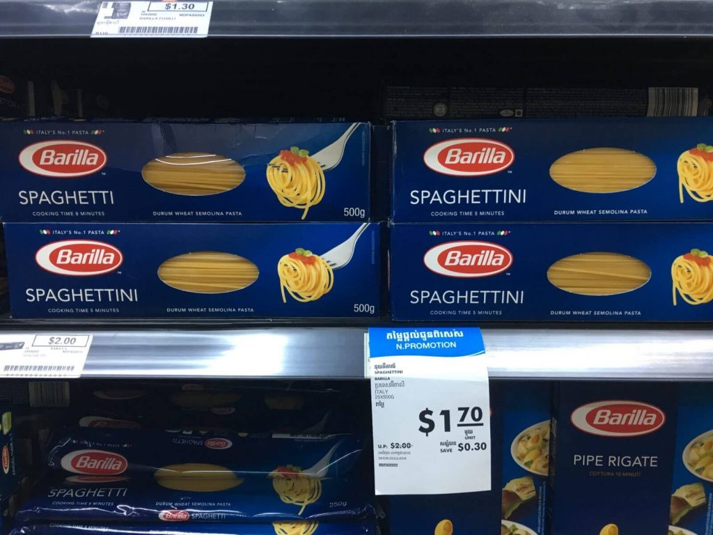 500 gr di spaghetti Barilla a Phnom Penh costano 1,70$ USD